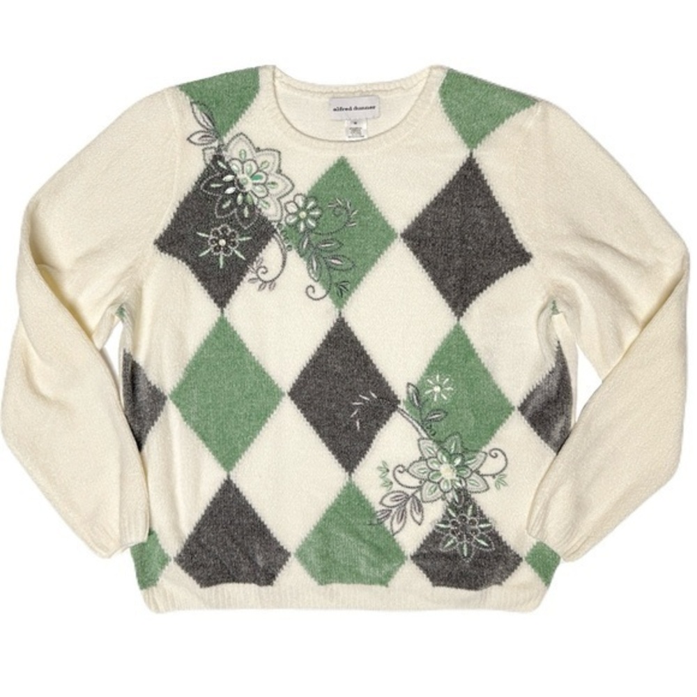 Vtg Cottagecore Argyle Rhinestone Embroidered Floral Chenile Knit Sweater M